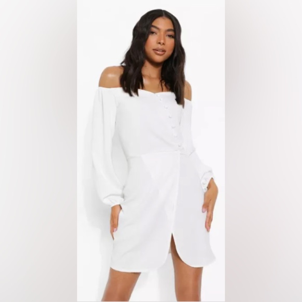 NW Boohoo Linen Off the Shoulder Mini Dress